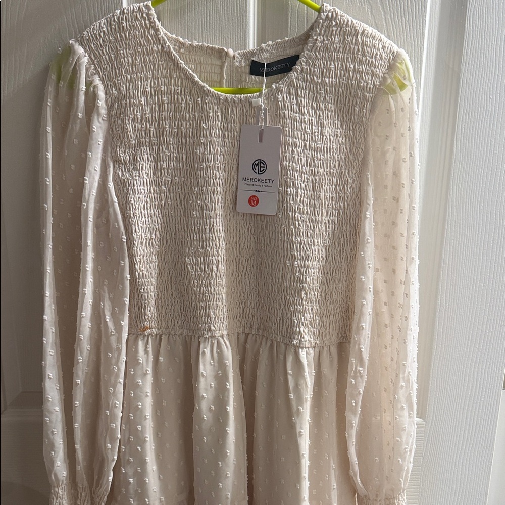 Women’s Cream Long Sleeve Smocked Midi Dress - Picture 3 of 3
